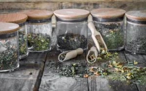 Erbe e piante officinali raccolte in diversi barattoli di vetro