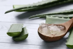 Cubetti di gel aloe vera esposti su un cucchiaio di legno con affianco due pezzi grandi tagliati