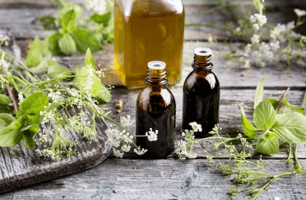 Due flaconcini disposti un tavolo decorato con piante officinali