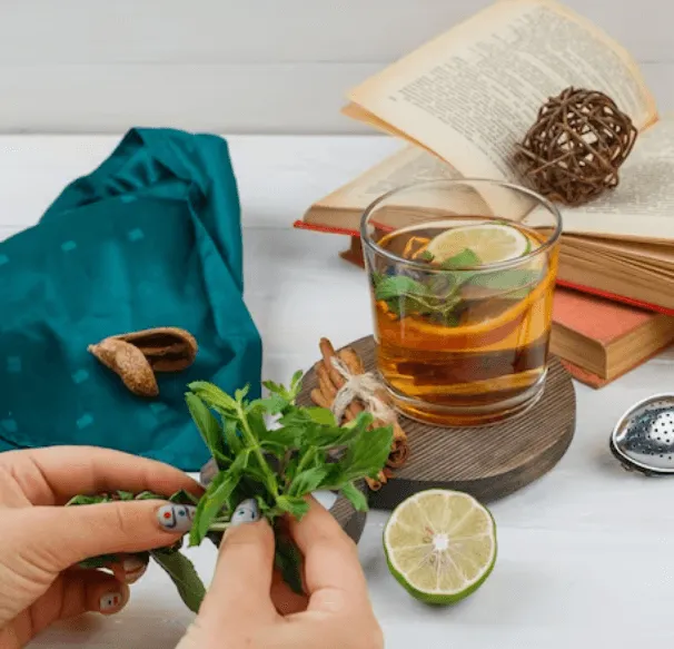 Una composizione di tisana, ricettario e piante officinali