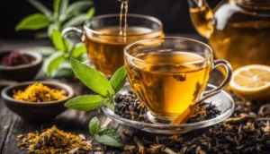 Due tazze di tisane come una composizione intorno di diverse erbe officinali